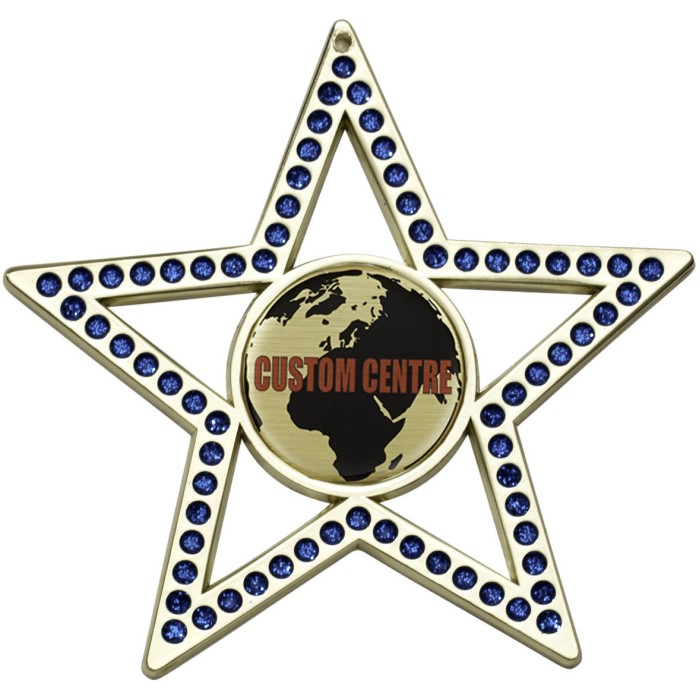 GOLD 75MM - BLUE STAR GEMSTONE CUSTOM VINYL DOMED MEDAL **SPARKLE**